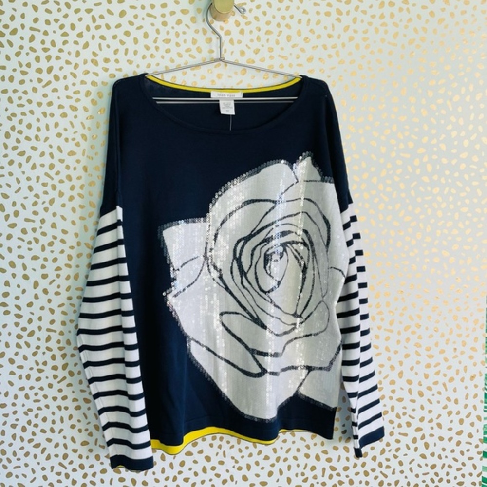 Joan Vass Rose Intarsia Striped-Sleeve Sweater Sequin NWT - Picture 4 of 8